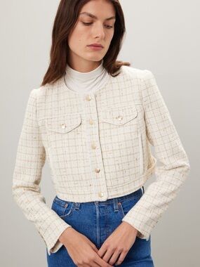 Cropped Cream Tweed Jacket with Gold Buttons
